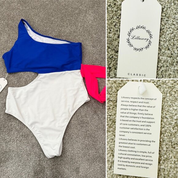 Lillusory One Shoulder Colorblock Swimsuit Size Medium Cut Out One Piece Neon Pi - Picture 7 of 9